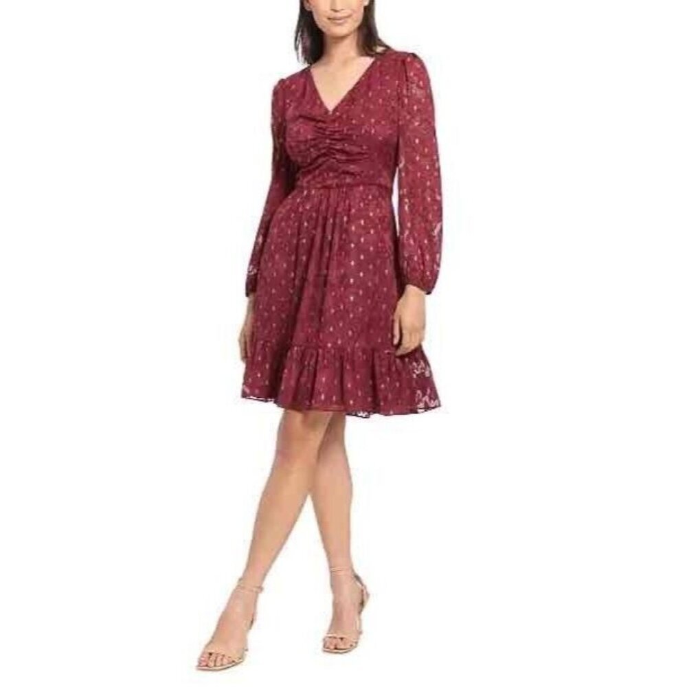 NWT London Times Womens Multi Puff Sleeve Ruched Fit & Flare Dress Size US 10 P